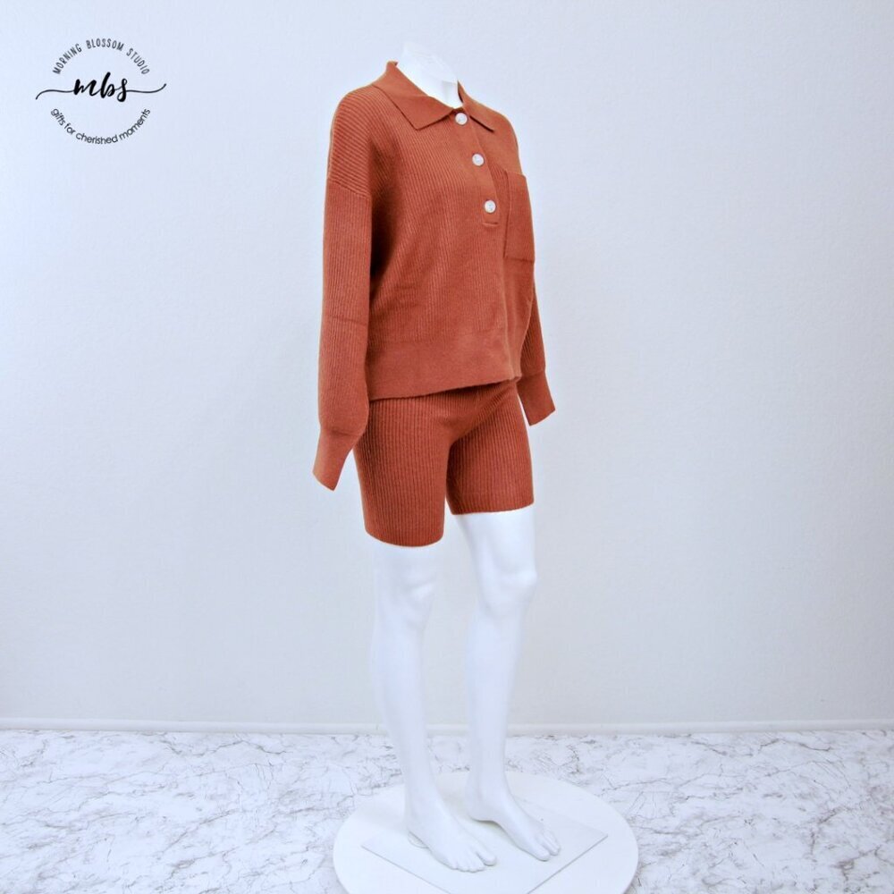 Mable Button Up Knit Sweater & High‎ Waist Knit Shorts Orange Brown Women